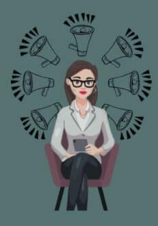 Business Woman seated. Megaphones surround her, showing the importance of speaking business-english well. Spoken Business English Course.