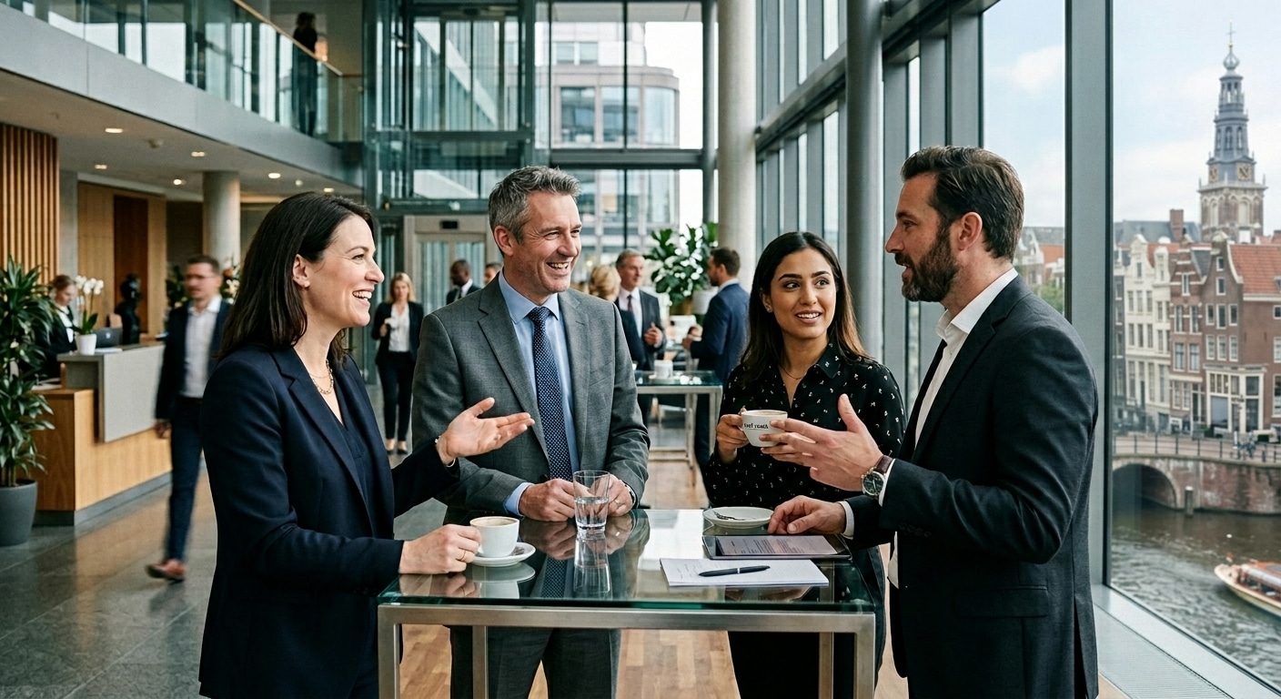 Business English Courses: Two happy business people high fiving after a successful business English course. / Zakelijk Engels cursussen.