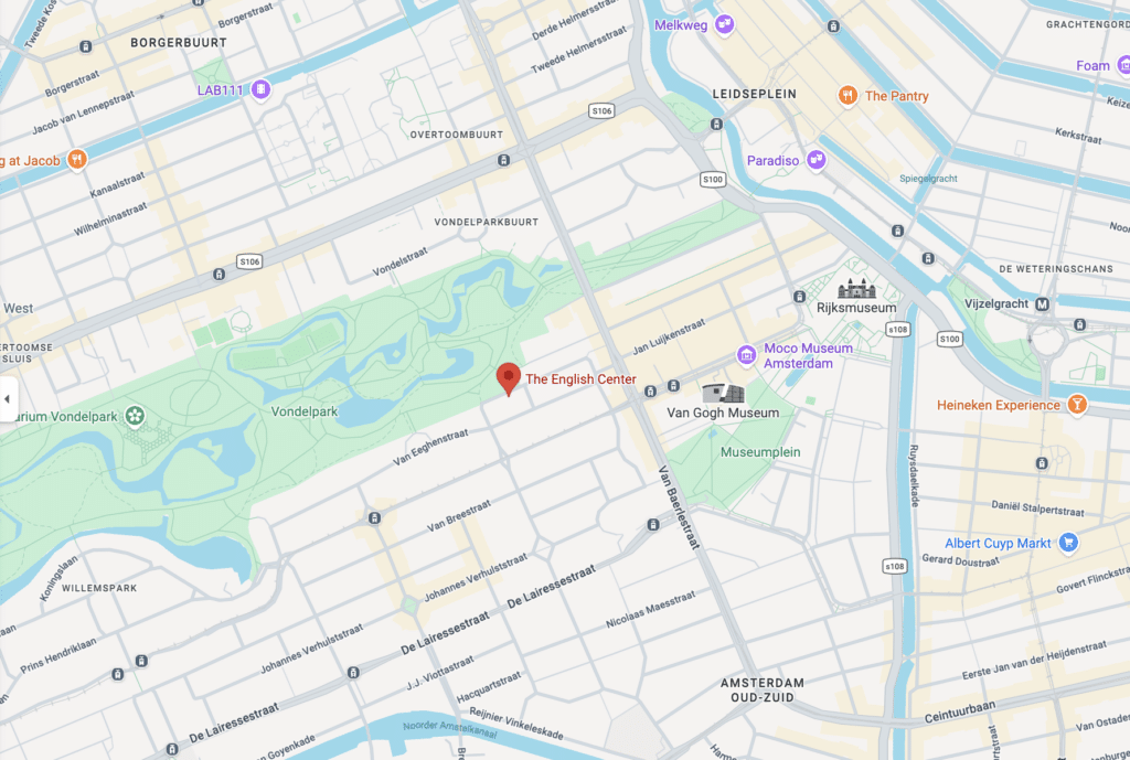 Map of The English Center's  Amsterdam Museum Quarter location. Right by the Vondelpark and very close to the Museumplein,  Rijksmuseum, Stedelijk Museum, and Van Gogh Museum.